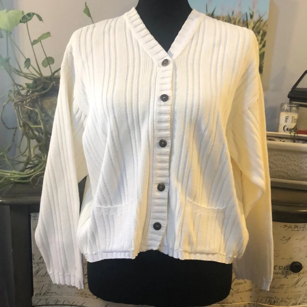 LIZWEAR BY LIZ CLAIBORNE RIBBED KNIT CARDIGAN SWEATER OFF WHITE SIZE LG PETITE